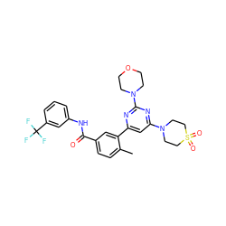 Cc1ccc(C(=O)Nc2cccc(C(F)(F)F)c2)cc1-c1cc(N2CCS(=O)(=O)CC2)nc(N2CCOCC2)n1 ZINC000220735663