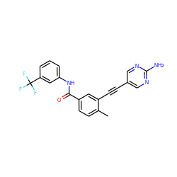 Cc1ccc(C(=O)Nc2cccc(C(F)(F)F)c2)cc1C#Cc1cnc(N)nc1 ZINC000014957112