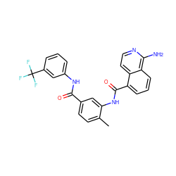 Cc1ccc(C(=O)Nc2cccc(C(F)(F)F)c2)cc1NC(=O)c1cccc2c(N)nccc12 ZINC001772571689