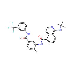 Cc1ccc(C(=O)Nc2cccc(C(F)(F)F)c2)cc1NC(=O)c1cccc2c(NC(C)(C)C)nccc12 ZINC001772588841