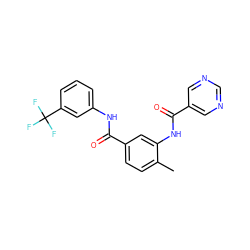 Cc1ccc(C(=O)Nc2cccc(C(F)(F)F)c2)cc1NC(=O)c1cncnc1 ZINC000040891623