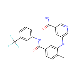 Cc1ccc(C(=O)Nc2cccc(C(F)(F)F)c2)cc1Nc1cncc(C(N)=O)c1 ZINC000020148987