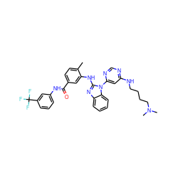 Cc1ccc(C(=O)Nc2cccc(C(F)(F)F)c2)cc1Nc1nc2ccccc2n1-c1cc(NCCCCN(C)C)ncn1 ZINC000049872013