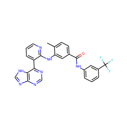 Cc1ccc(C(=O)Nc2cccc(C(F)(F)F)c2)cc1Nc1ncccc1-c1ncnc2nc[nH]c12 ZINC000215327809