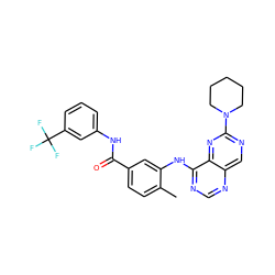 Cc1ccc(C(=O)Nc2cccc(C(F)(F)F)c2)cc1Nc1ncnc2cnc(N3CCCCC3)nc12 ZINC000148245802