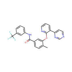 Cc1ccc(C(=O)Nc2cccc(C(F)(F)F)c2)cc1Oc1ncccc1-c1ccncn1 ZINC000014957216