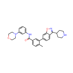 Cc1ccc(C(=O)Nc2cccc(N3CCOCC3)c2)cc1-c1ccc2c(C3CCNCC3)noc2c1 ZINC000003938229