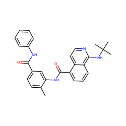 Cc1ccc(C(=O)Nc2ccccc2)cc1NC(=O)c1cccc2c(NC(C)(C)C)nccc12 ZINC001772639295