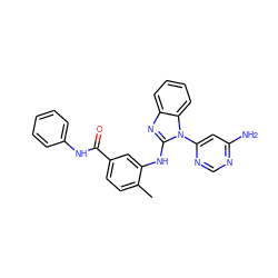 Cc1ccc(C(=O)Nc2ccccc2)cc1Nc1nc2ccccc2n1-c1cc(N)ncn1 ZINC000049419271