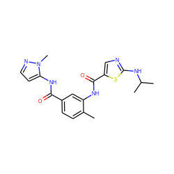 Cc1ccc(C(=O)Nc2ccnn2C)cc1NC(=O)c1cnc(NC(C)C)s1 ZINC000029041418