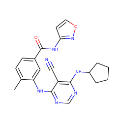 Cc1ccc(C(=O)Nc2ccon2)cc1Nc1ncnc(NC2CCCC2)c1C#N ZINC000012365503