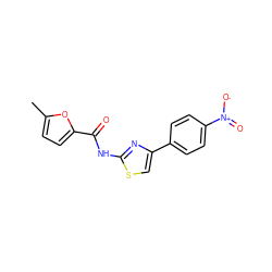 Cc1ccc(C(=O)Nc2nc(-c3ccc([N+](=O)[O-])cc3)cs2)o1 ZINC000000375771