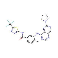 Cc1ccc(C(=O)Nc2nnc(C(F)(F)F)s2)cc1Nc1ncnc2cnc(N3CCCC3)nc12 ZINC000148222638