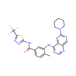 Cc1ccc(C(=O)Nc2nnc(C(F)(F)F)s2)cc1Nc1ncnc2cnc(N3CCCCC3)nc12 ZINC000148245369