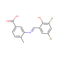 Cc1ccc(C(=O)O)cc1/N=C/c1cc(Br)cc(Br)c1O ZINC000001508297