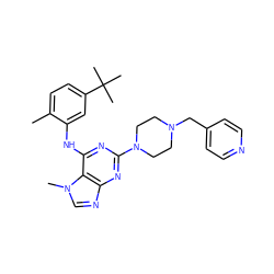 Cc1ccc(C(C)(C)C)cc1Nc1nc(N2CCN(Cc3ccncc3)CC2)nc2ncn(C)c12 ZINC000049125369