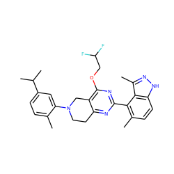 Cc1ccc(C(C)C)cc1N1CCc2nc(-c3c(C)ccc4[nH]nc(C)c34)nc(OCC(F)F)c2C1 ZINC000146992060