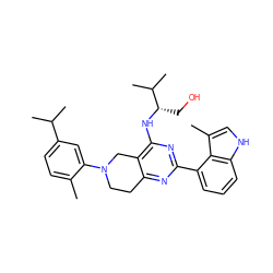 Cc1ccc(C(C)C)cc1N1CCc2nc(-c3cccc4[nH]cc(C)c34)nc(N[C@@H](CO)C(C)C)c2C1 ZINC000146973536