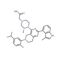 Cc1ccc(C(C)C)cc1N1CCc2nc(-c3cccc4[nH]cc(C)c34)nc(N3CCN(CC(N)=O)C[C@H]3C)c2C1 ZINC000146928874