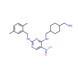 Cc1ccc(C)c(CNc2ncc([N+](=O)[O-])c(NCC3CCC(CN)CC3)n2)c1 ZINC000028898583