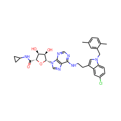 Cc1ccc(C)c(Cn2cc(CCNc3ncnc4c3ncn4[C@@H]3O[C@H](C(=O)NC4CC4)[C@@H](O)[C@H]3O)c3cc(Cl)ccc32)c1 ZINC000012405753