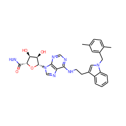 Cc1ccc(C)c(Cn2cc(CCNc3ncnc4c3ncn4[C@@H]3O[C@H](C(N)=O)[C@@H](O)[C@H]3O)c3ccccc32)c1 ZINC000012405768