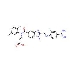 Cc1ccc(C)c(N(CCC(=O)O)C(=O)c2ccc3c(c2)nc(CNc2ccc(C(=N)N)cc2F)n3C)c1 ZINC001772604836