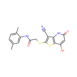 Cc1ccc(C)c(NC(=O)CSc2sc3c(O)cc(=O)[nH]c3c2C#N)c1 ZINC000013119384