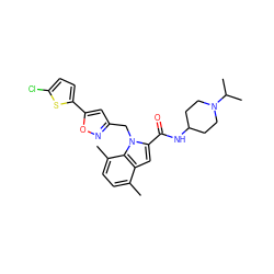 Cc1ccc(C)c2c1cc(C(=O)NC1CCN(C(C)C)CC1)n2Cc1cc(-c2ccc(Cl)s2)on1 ZINC000013646535