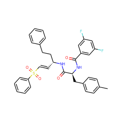 Cc1ccc(C[C@H](NC(=O)c2cc(F)cc(F)c2)C(=O)N[C@H](/C=C/S(=O)(=O)c2ccccc2)CCc2ccccc2)cc1 ZINC000029038563