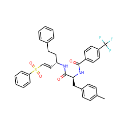 Cc1ccc(C[C@H](NC(=O)c2ccc(C(F)(F)F)cc2)C(=O)N[C@H](/C=C/S(=O)(=O)c2ccccc2)CCc2ccccc2)cc1 ZINC000029038565