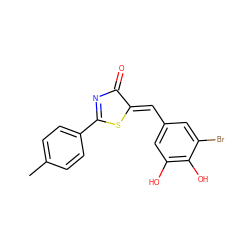 Cc1ccc(C2=NC(=O)/C(=C/c3cc(O)c(O)c(Br)c3)S2)cc1 ZINC000005102135