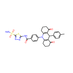 Cc1ccc(C2C3=C(CCCC3=O)N(c3ccc(C(=O)Nc4nnc(S(N)(=O)=O)s4)cc3)C3=C2C(=O)CCC3)cc1 ZINC000653884744