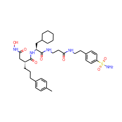 Cc1ccc(CCC[C@H](CC(=O)NO)C(=O)N[C@@H](CC2CCCCC2)C(=O)NCCC(=O)NCCc2ccc(S(N)(=O)=O)cc2)cc1 ZINC000026386721