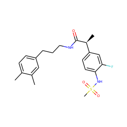 Cc1ccc(CCCNC(=O)[C@@H](C)c2ccc(NS(C)(=O)=O)c(F)c2)cc1C ZINC000038346549