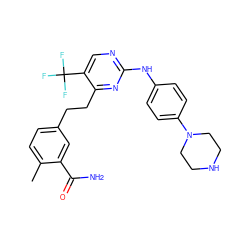 Cc1ccc(CCc2nc(Nc3ccc(N4CCNCC4)cc3)ncc2C(F)(F)F)cc1C(N)=O ZINC000201627757