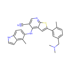 Cc1ccc(CN(C)C)cc1-c1cc2c(Nc3ccc4[nH]ccc4c3C)c(C#N)cnc2s1 ZINC000040935095