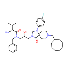 Cc1ccc(CN(C[C@H](O)CN2CN(c3ccc(F)cc3)C3(CCN(CC4CCCCCCC4)CC3)C2=O)C(=O)[C@H](N)C(C)C)cc1 ZINC000299868404