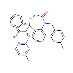 Cc1ccc(CN2C(=O)CN[C@](c3ccccc3)([C@H](Oc3nc(C)cc(C)n3)C(=O)O)c3ccccc32)cc1 ZINC000013561049