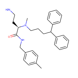 Cc1ccc(CNC(=O)[C@@H](CCN)N(C)CCCC(c2ccccc2)c2ccccc2)cc1 ZINC000169349906