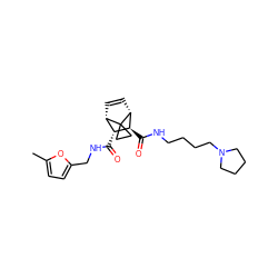 Cc1ccc(CNC(=O)[C@@H]2[C@@H]3C=C[C@H]([C@H]2C(=O)NCCCCN2CCCC2)C32CC2)o1 ZINC000168400683