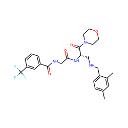 Cc1ccc(CNC[C@H](NC(=O)CNC(=O)c2cccc(C(F)(F)F)c2)C(=O)N2CCOCC2)c(C)c1 ZINC000028952383