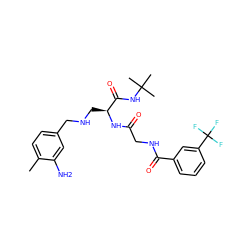 Cc1ccc(CNC[C@H](NC(=O)CNC(=O)c2cccc(C(F)(F)F)c2)C(=O)NC(C)(C)C)cc1N ZINC000028952420