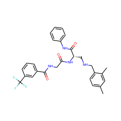 Cc1ccc(CNC[C@H](NC(=O)CNC(=O)c2cccc(C(F)(F)F)c2)C(=O)Nc2ccccc2)c(C)c1 ZINC000028952372