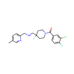 Cc1ccc(CNCC2(F)CCN(C(=O)c3ccc(F)c(Cl)c3)CC2)nc1 ZINC000001492397