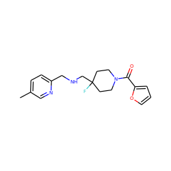 Cc1ccc(CNCC2(F)CCN(C(=O)c3ccco3)CC2)nc1 ZINC000064539646