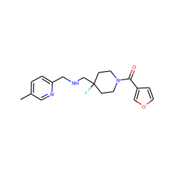 Cc1ccc(CNCC2(F)CCN(C(=O)c3ccoc3)CC2)nc1 ZINC000064540356