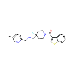 Cc1ccc(CNCC2(F)CCN(C(=O)c3csc4ccccc34)CC2)nc1 ZINC000064549510