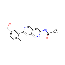 Cc1ccc(CO)cc1-c1cc2cnc(NC(=O)C3CC3)cc2cn1 ZINC000144253380