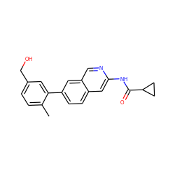 Cc1ccc(CO)cc1-c1ccc2cc(NC(=O)C3CC3)ncc2c1 ZINC000144419723